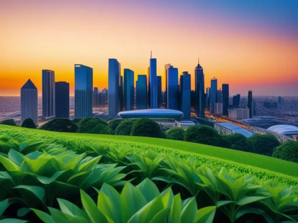 Horizonte urbano al atardecer: modernidad y naturaleza en armonía Vibrante ciudad al atardecer con modernos rascacielos y parque verde, reflejando políticas de vivienda mercados emergentes
