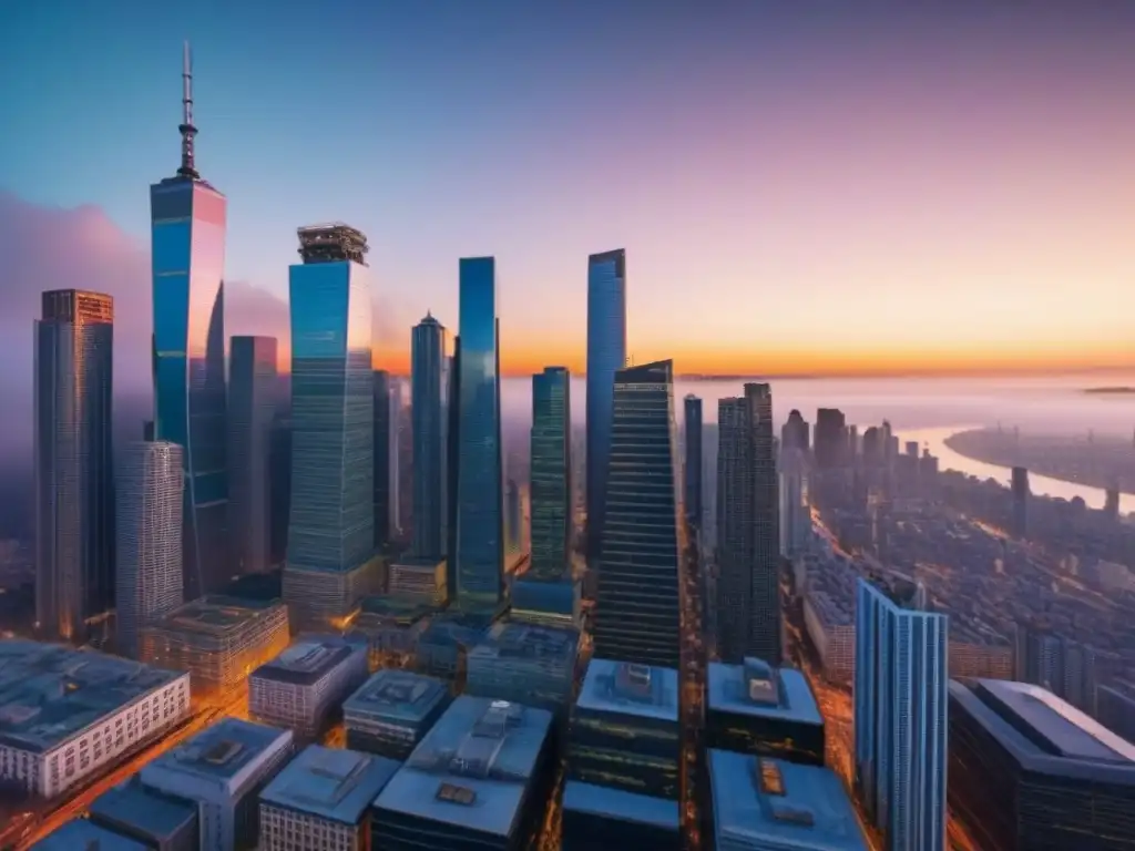 Horizonte urbano al atardecer: mercado inmobiliario global en acción Vibrante ciudad al atardecer, con modernos rascacielos y arquitectura vintage