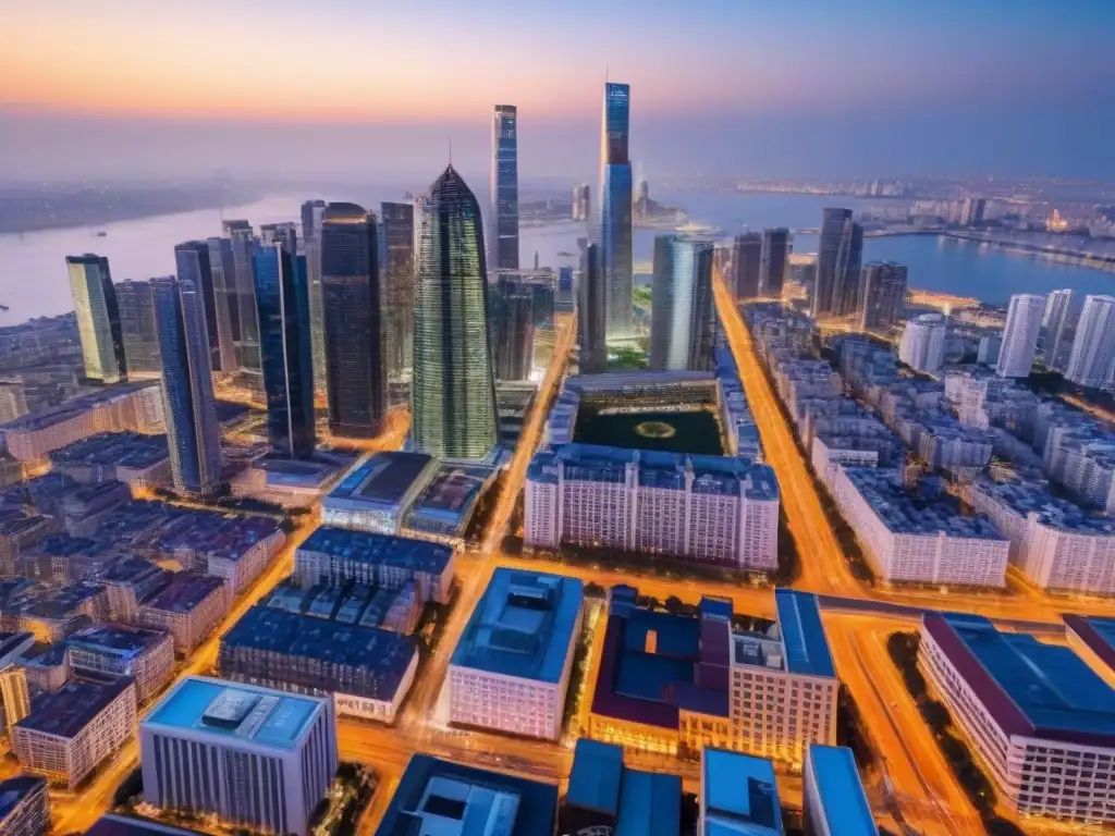 Horizonte urbano moderno al anochecer: luces y prosperidad Vibrante ciudad al atardecer, con modernos rascacielos iluminados y calles llenas de vida