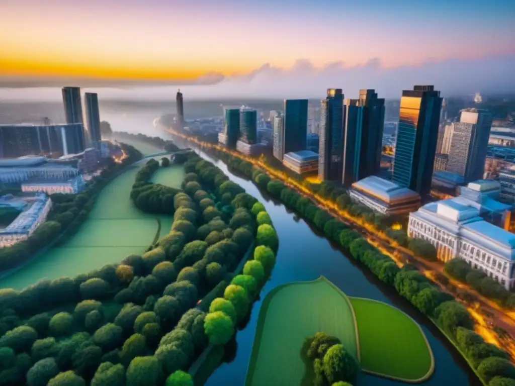 Espectacular ciudad al atardecer: mezcla de modernidad y tradición en entorno natural Vibrante ciudad al atardecer, con modernos rascacielos y arquitectura histórica