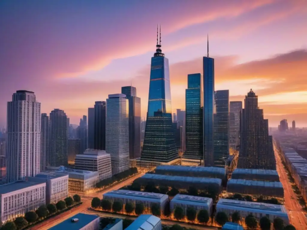 Horizonte urbano al atardecer: modernidad y vida en la ciudad Vibrante ciudad al atardecer, con modernos rascacielos y bulliciosa vida urbana