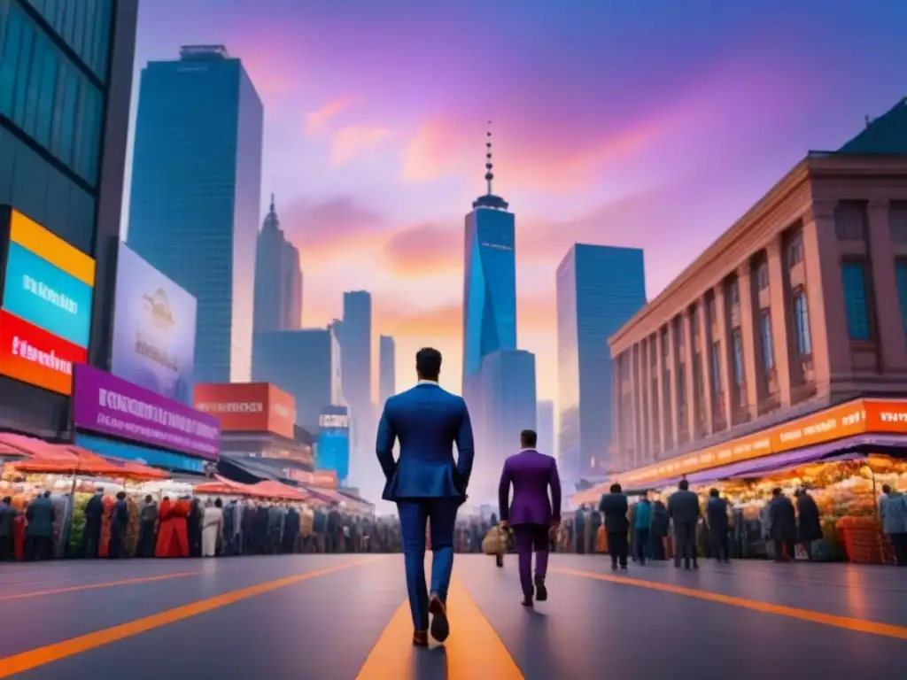 Horizonte urbano al atardecer: modernos rascacielos en una ciudad vibrante Vibrante ciudad al atardecer, con modernos rascacielos y un cielo lleno de tonos naranjas, rosas y morados
