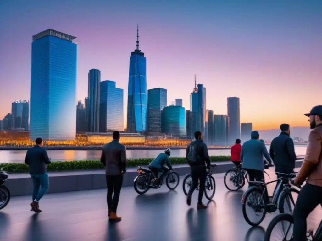 Vibrante metrópolis al atardecer: skyline moderno en 8k Una vibrante ciudad al atardecer, con modernos rascacielos iluminados y personas disfrutando de la vida urbana