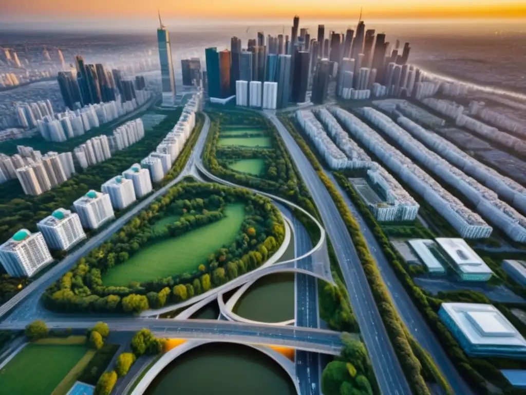 Metrópolis vibrante: arquitectura moderna conectada por redes urbanas al atardecer Vibrante ciudad al atardecer integrando naturaleza, reflejando el mercado inmobiliario y las regulaciones M&A internacionales
