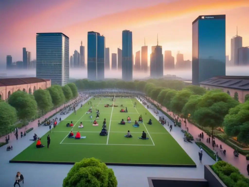Metrópolis sostenible: armonía entre ciudad y naturaleza al anochecer Vibrante ciudad al atardecer con parque urbano y rascacielos iluminados, simbolizando urbanismo sostenible inversión internacional