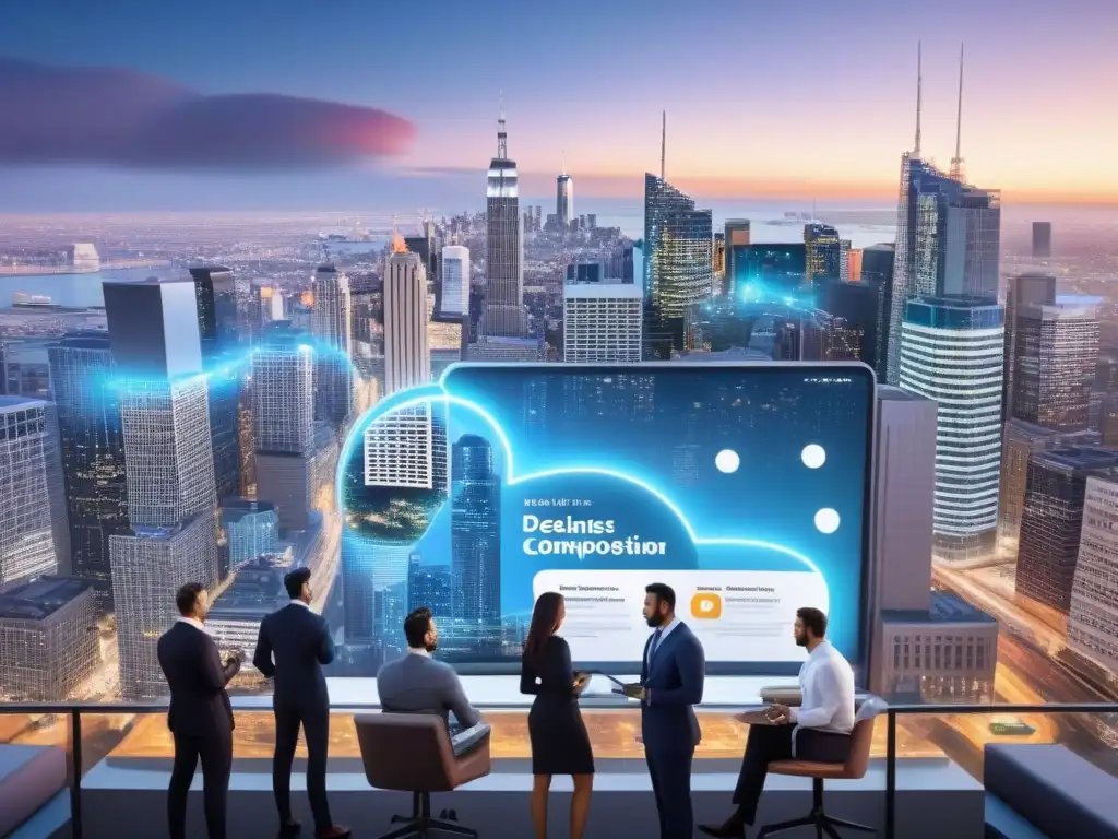 Cityscape nocturno: negocios y tecnología en red Vibrante ciudad al atardecer con profesionales en networking en redes sociales en M&A inmobiliario