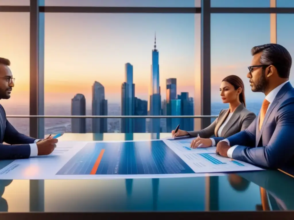Inversión global: colaboración en la ciudad al atardecer Vibrante ciudad al atardecer con profesionales debatiendo estrategias de inversión