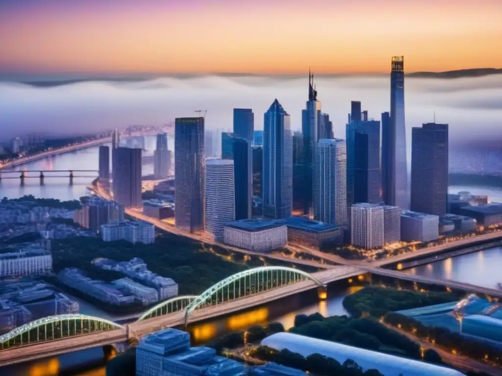 Vibrante ciudad al anochecer: luces, rascacielos y conexiones Vibrante ciudad al atardecer con propiedades de alquiler ubicación estratégica