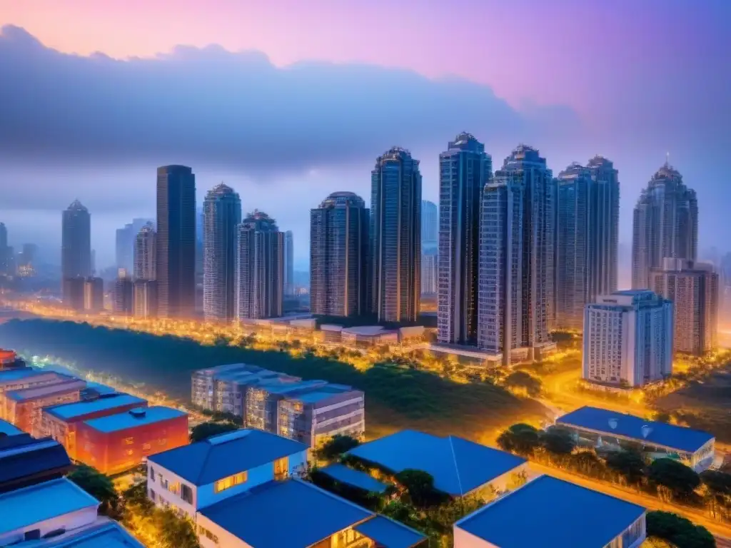 Condominio de lujo en la ciudad futurista al atardecer Vibrante ciudad al atardecer con rascacielos iluminados y lujoso complejo residencial futurista destacando entre edificios