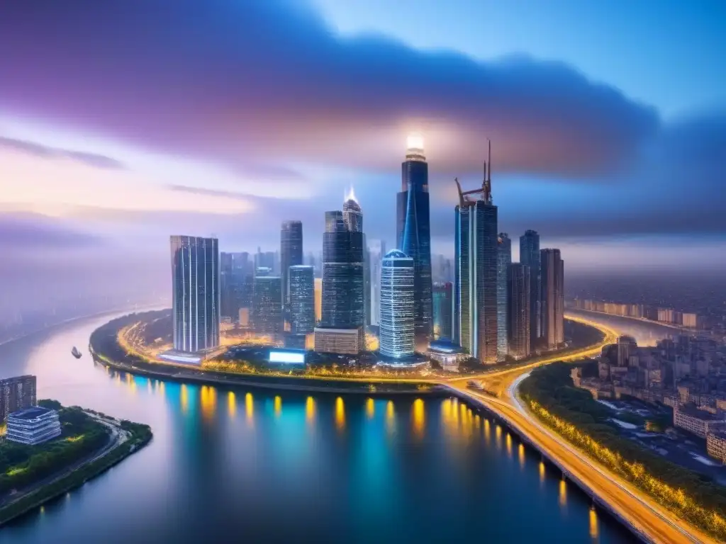 Horizonte urbano al anochecer: metrópolis vibrante y moderna Vibrante ciudad al atardecer con rascacielos modernos iluminados y río sereno