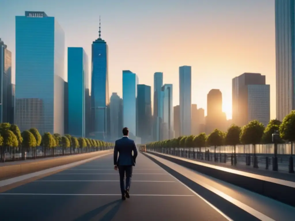 Horizonte urbano vibrante: inversión inmobiliaria en metrópolis dinámica La vibrante ciudad al atardecer, con rascacielos y distrito financiero, evoca los beneficios de invertir en REITs