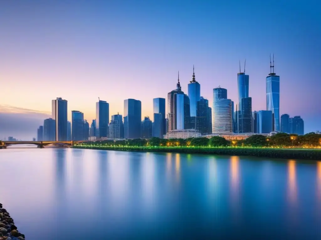 Horizonte urbano al anochecer: modernos rascacielos iluminados en 8k Vibrante ciudad al atardecer, con rascacielos iluminados reflejados en el río