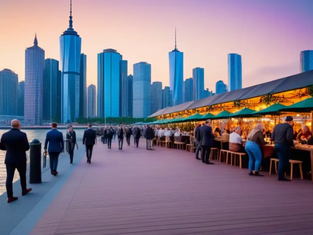 Cityscape moderno al atardecer: luces doradas y bulliciosa actividad urbana Vibrante ciudad al atardecer con rascacielos iluminados por el sol, gente en paseo marítimo