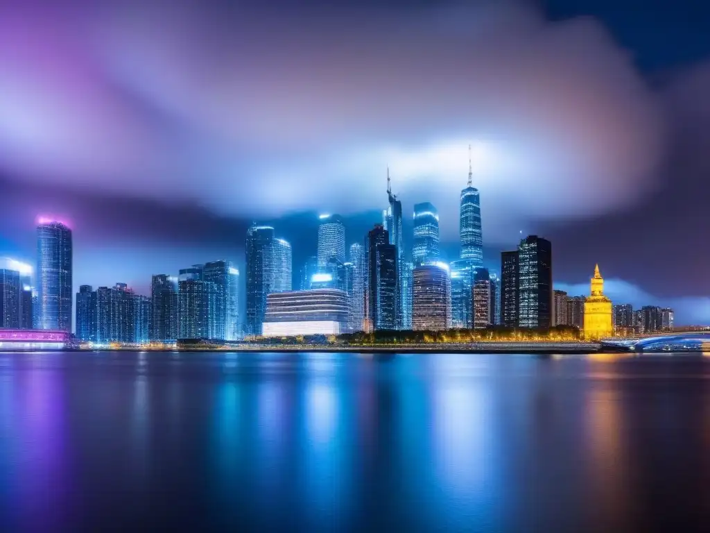 Horizonte urbano moderno en 8k: luces y río Vibrante ciudad al atardecer con rascacielos iluminados y río sereno, reflejando modernidad y Inversión comercial mercado inmobiliario internacional