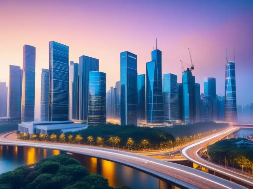 Oportunidades de inversión en la ciudad: profesionales en acción Vibrante ciudad al atardecer con rascacielos iluminados y profesionales debatiendo: crecimiento y oportunidades en inversión vivienda asequible tasas