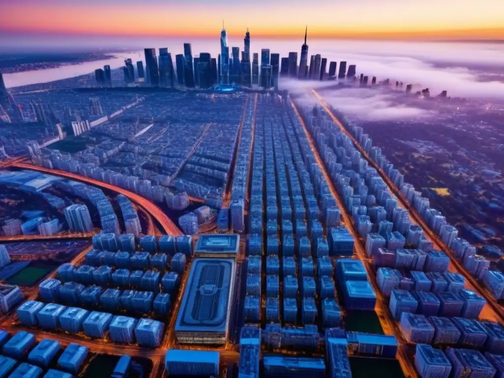 Metrópolis moderna al atardecer: crecimiento y oportunidad Vibrante ciudad al atardecer con rascacielos modernos y autopistas, reflejando crecimiento y oportunidad