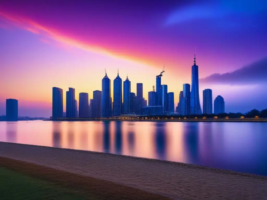 Horizonte urbano al atardecer: luces reflejadas en el río Vibrante ciudad al atardecer con rascacielos iluminados reflejados en el río, simbolizando inversión en vivienda asequible internacional