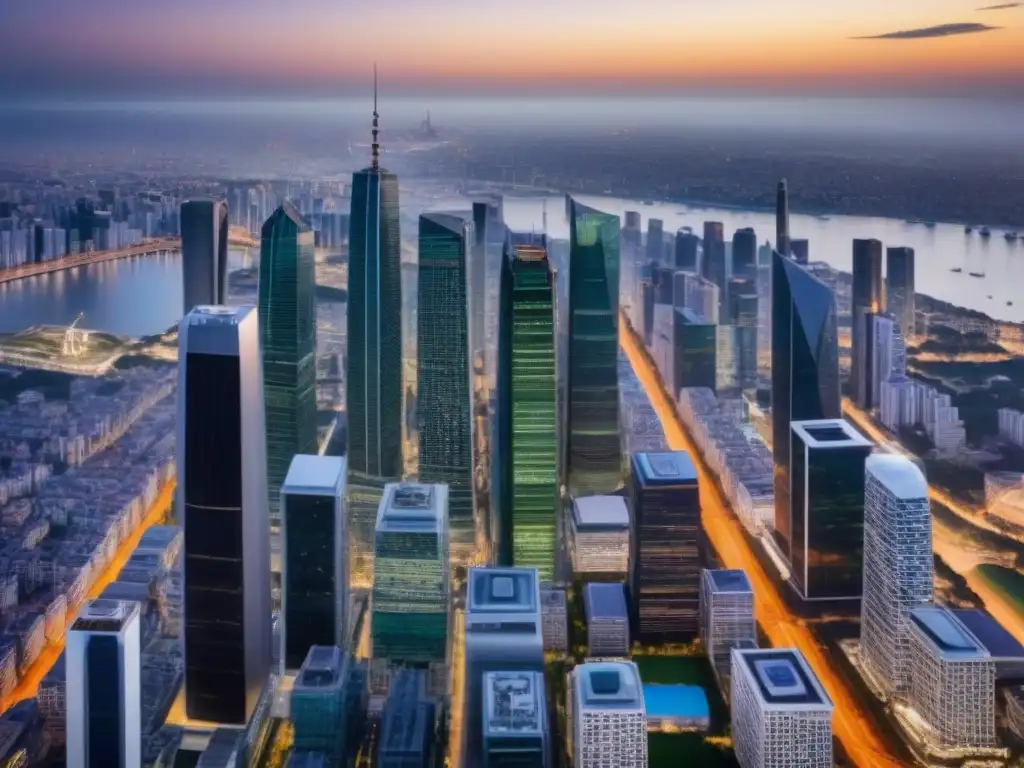 Horizonte urbano de una ciudad en crecimiento al atardecer Vibrante ciudad al atardecer con rascacielos y arquitectura moderna