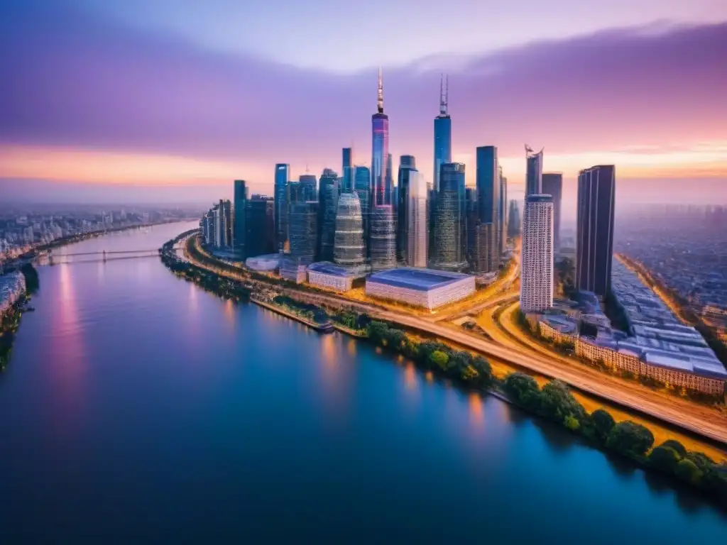 Vibrante ciudad al atardecer, con rascacielos iluminados y río sereno