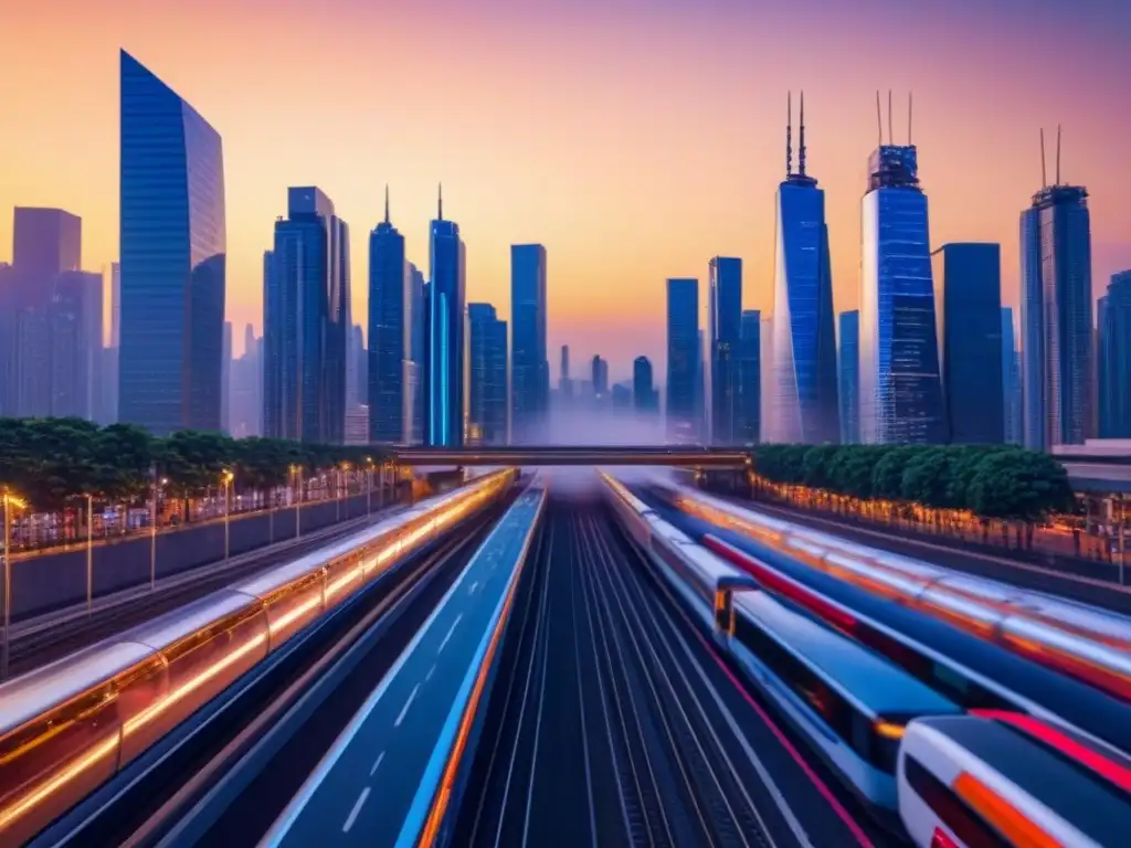 Metrópolis futurista al atardecer: skyline moderno y dinámico Vibrante ciudad al atardecer con rascacielos y trenes de alta velocidad, simbolizando las oportunidades de Inversiones inmobiliarias en la Franja