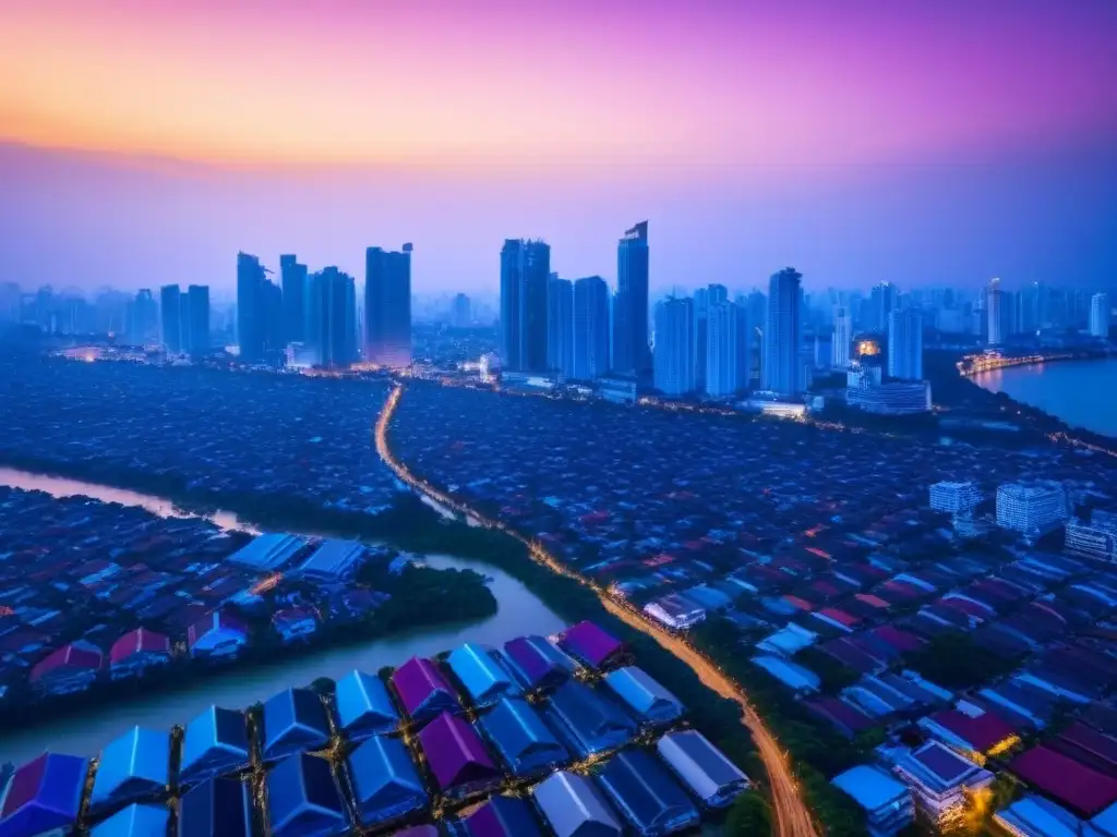 Esplendor urbano en Bangkok: rascacielos iluminados al atardecer sobre el río Chao Phraya Vibrante ciudad de Bangkok al atardecer, con rascacielos iluminados y reflejados en el río Chao Phraya