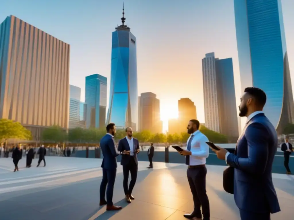 Inversiones inmobiliarias en mercados urbanos: oportunidad al atardecer Vibrante ciudad al atardecer, rascacielos modernos reflejan tonos dorados
