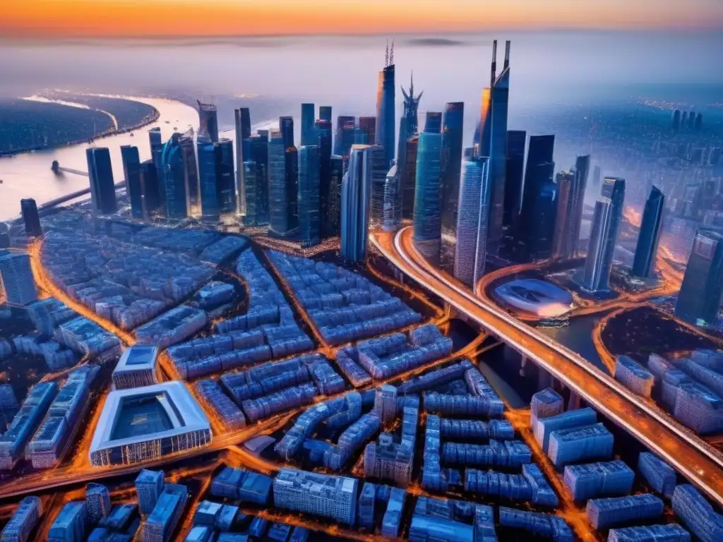 Horizonte urbano al atardecer: modernidad y oportunidad de inversión Vibrante ciudad al atardecer con rascacielos modernos y calles iluminadas, reflejando el potencial de inversión inmobiliaria internacional