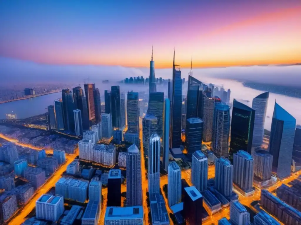 Horizonte urbano al atardecer: luces y modernidad Vibrante ciudad al atardecer con rascacielos modernos, luces brillantes y un mercado inmobiliario internacional en crecimiento