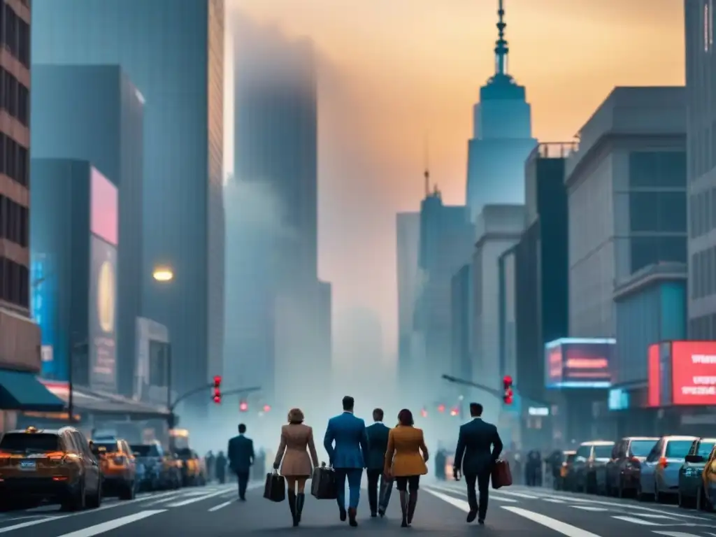 Metrópolis moderna al atardecer: skyline dorado en 8k Vibrante ciudad al atardecer con rascacielos iluminados por el sol, reflejando prosperidad y sofisticación urbana