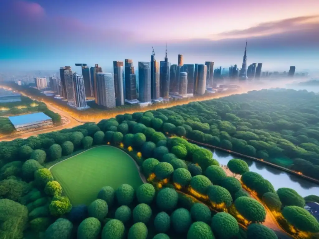 Vista aérea asombrosa: ciudad moderna y naturaleza en armonía al anochecer Vibrante ciudad al atardecer: rascacielos iluminados, parques verdes y calles arboladas