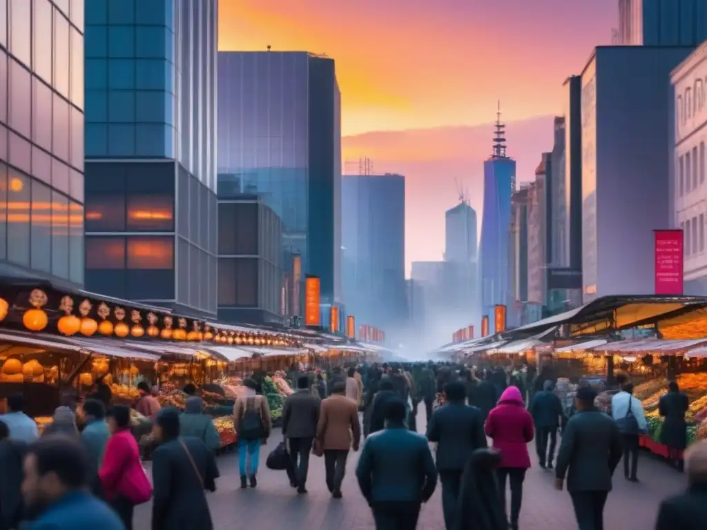 Espectacular ciudad al atardecer: rascacielos y dinamismo urbano Vibrante ciudad al atardecer con rascacielos y luces brillantes, simbolizando gangas inmobiliarias en ciudades de alto crecimiento