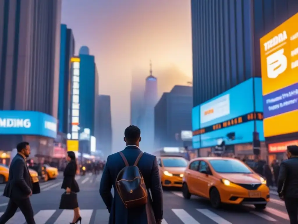 Vibrante ciudad al anochecer: modernidad y oportunidades inmobiliarias Vibrante ciudad al atardecer, con rascacielos iluminados y gente elegante disfrutando la vida nocturna