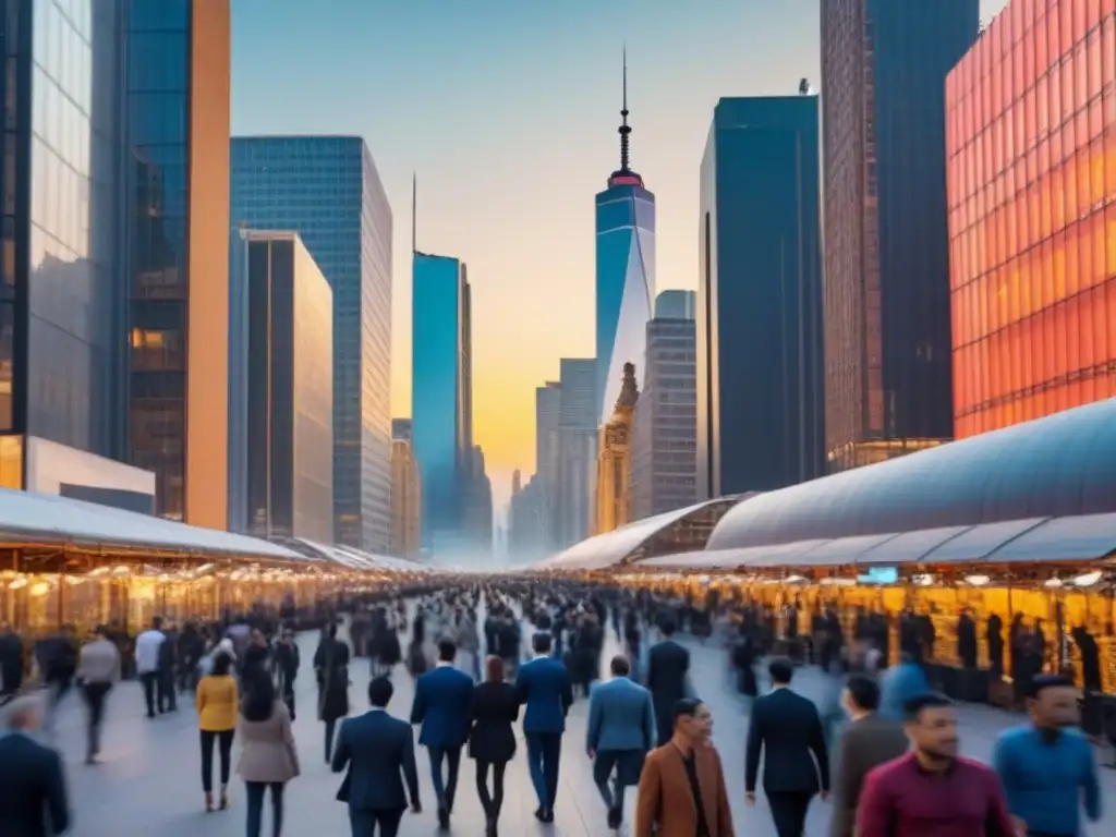 Cityscape al atardecer: migración y oportunidades inmobiliarias Vibrante ciudad al atardecer con rascacielos y personas en movimiento, reflejando el dinámico mercado de inversión inmobiliaria internacional