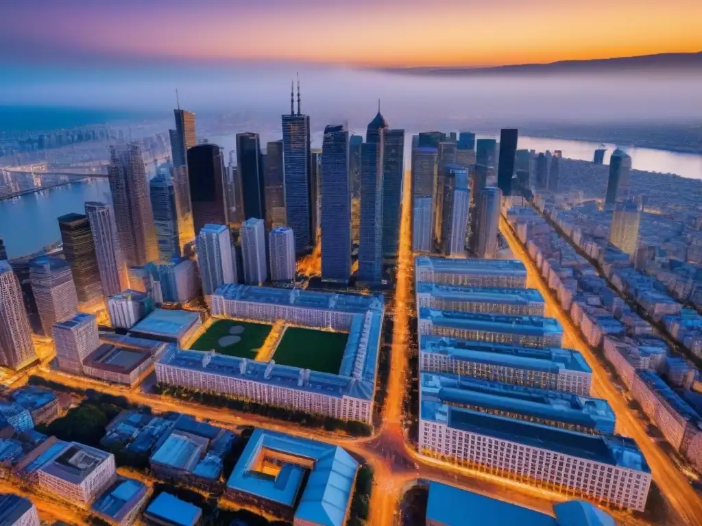 Metrópolis dorada: el encanto de la ciudad al anochecer Vibrante ciudad al atardecer con rascacielos iluminados por el sol, reflejando el dinamismo de las Plataformas de inteligencia de mercado inmobiliario