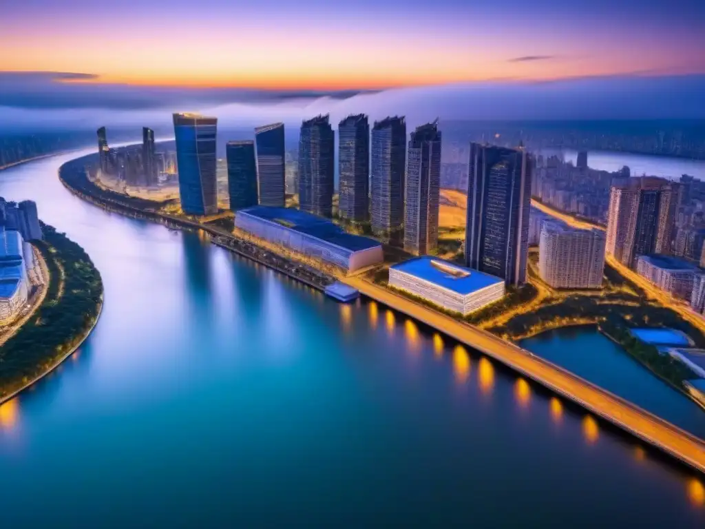 Vista aérea impresionante de una ciudad moderna al atardecer Vibrante ciudad al atardecer con rascacielos reflejando el sol dorado, rodeada de naturaleza y río