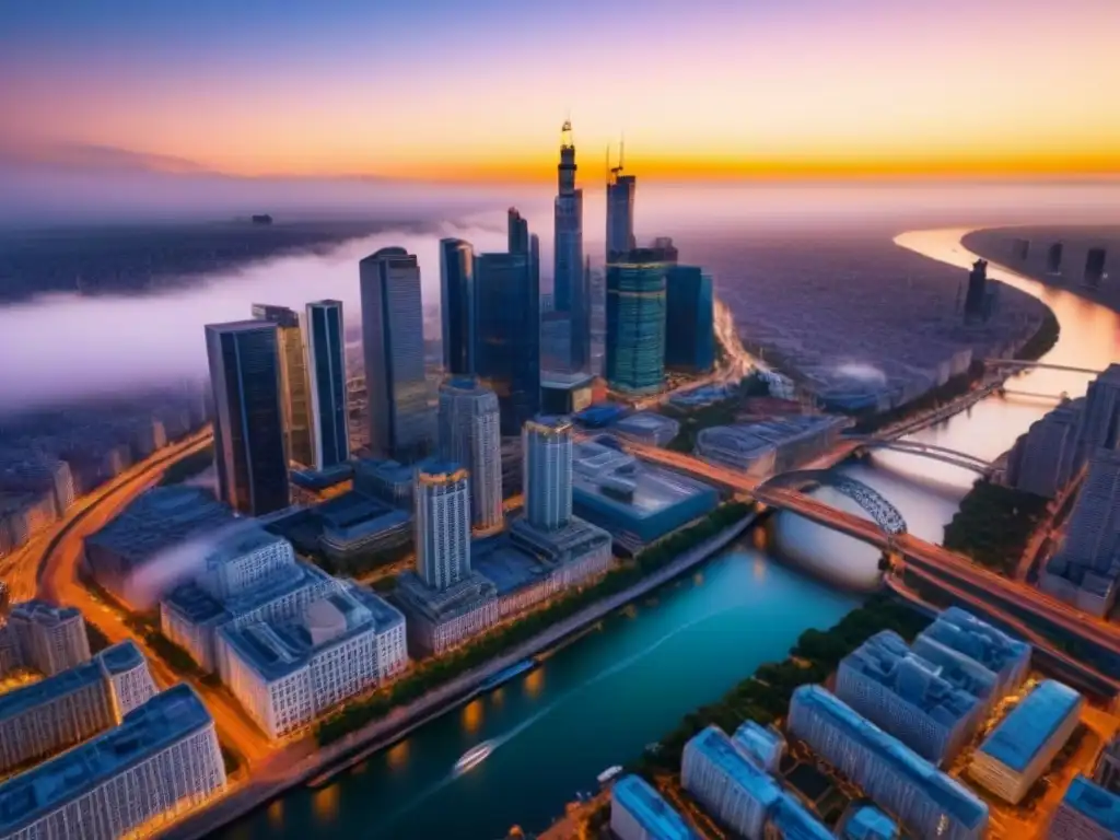 Espléndida ciudad al atardecer: rascacielos, calles vibrantes y río dorado Vibrante ciudad al atardecer con rascacielos modernos y calles llenas de vida, ideal para inversiones inmobiliarias internacionales rentables