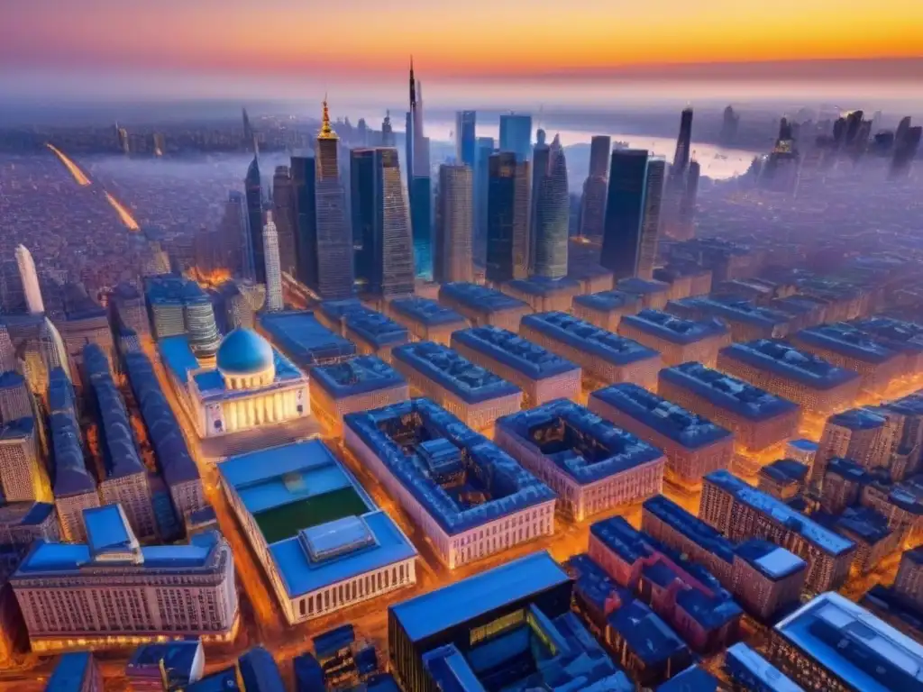 Cityscape al atardecer: fusión de arquitectura moderna y tradicional Vibrante ciudad al atardecer, con rascacielos modernos y edificios históricos