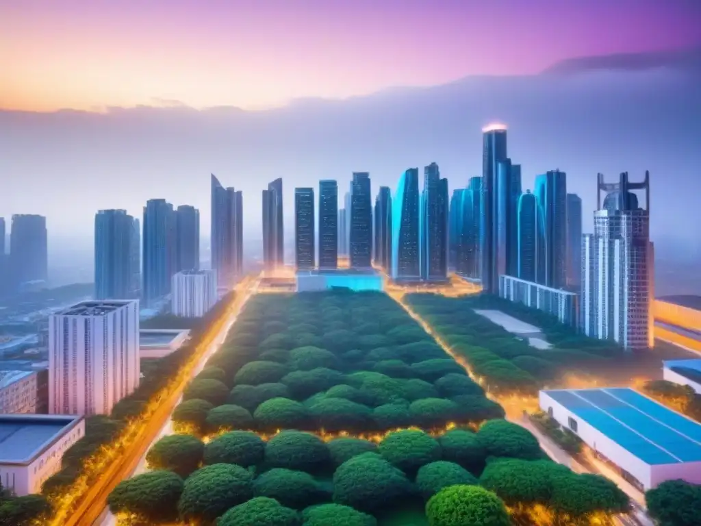 Metrópolis futurista al atardecer: luces neón y arquitectura moderna Vibrante ciudad al atardecer con rascacielos futuristas, luces neón y vegetación exuberante