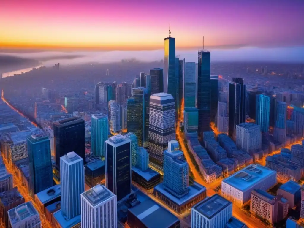 Espectacular ciudad moderna y colorida al atardecer Vibrante ciudad al atardecer con rascacielos modernos y arquitectura histórica, gente en las calles y luces coloridas