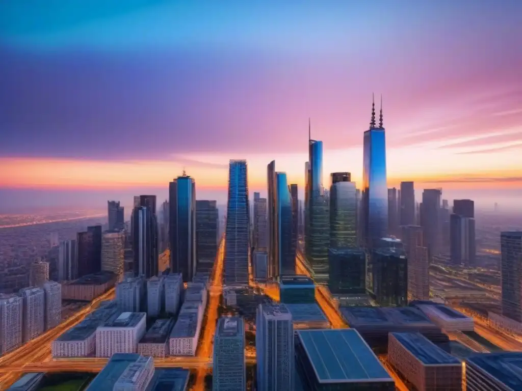 Horizonte urbano al atardecer: modernos rascacielos en 8k Vibrante ciudad al atardecer con rascacielos modernos y luces brillantes