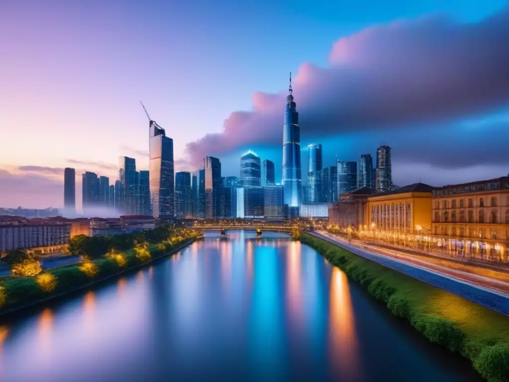 Horizonte urbano vibrante: luces y modernidad en 8K Vibrante ciudad al atardecer con rascacielos modernos iluminados y río sereno