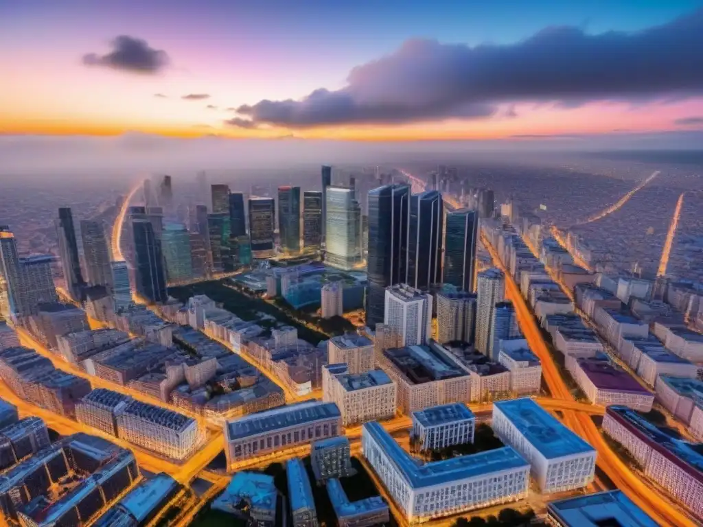 Metrópolis vibrante al atardecer: luces y calles en movimiento Vibrante ciudad al atardecer con rascacielos iluminados y calles llenas de tráfico
