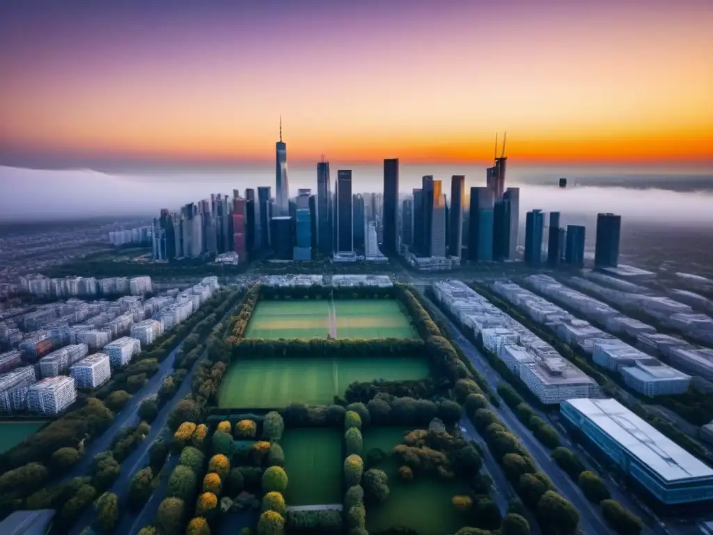 Horizonte urbano al atardecer: inversión prometedora Vibrante ciudad al atardecer con rascacielos reflejando el sol