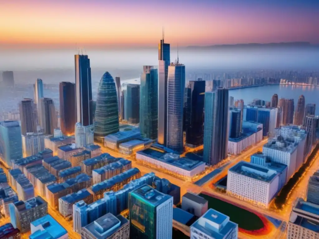 Horizonte urbano al atardecer: modernidad y tradición en vivaz ciudad Vibrante ciudad al atardecer con rascacielos modernos y edificios históricos iluminados por luces de la ciudad