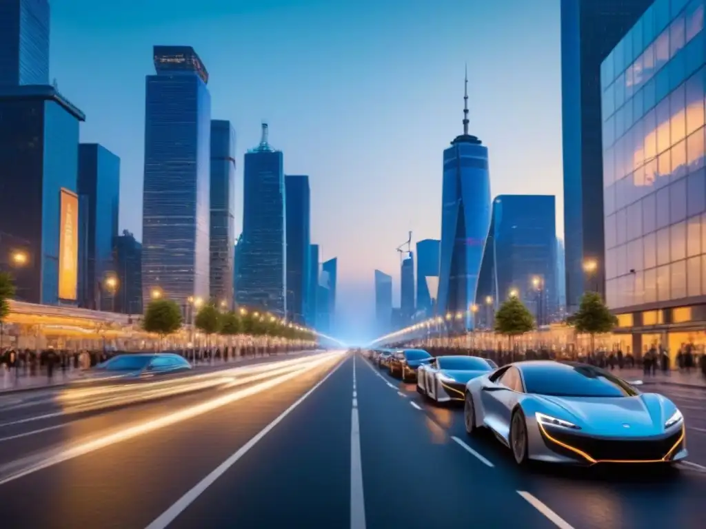Metrópolis nocturna: luces futuristas y vehículos eléctricos Vibrante ciudad al atardecer con rascacielos iluminados y vehículos eléctricos