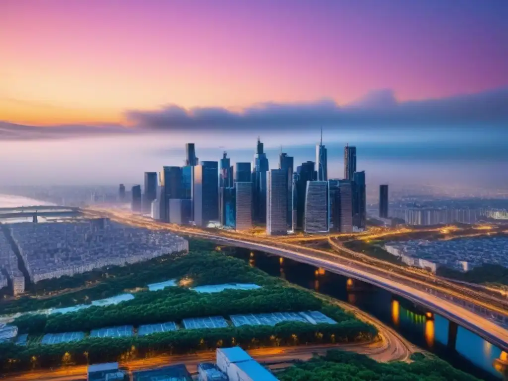 Horizonte urbano al atardecer: modernidad y crecimiento Vibrante ciudad al atardecer con rascacielos, autopistas y luces urbanas