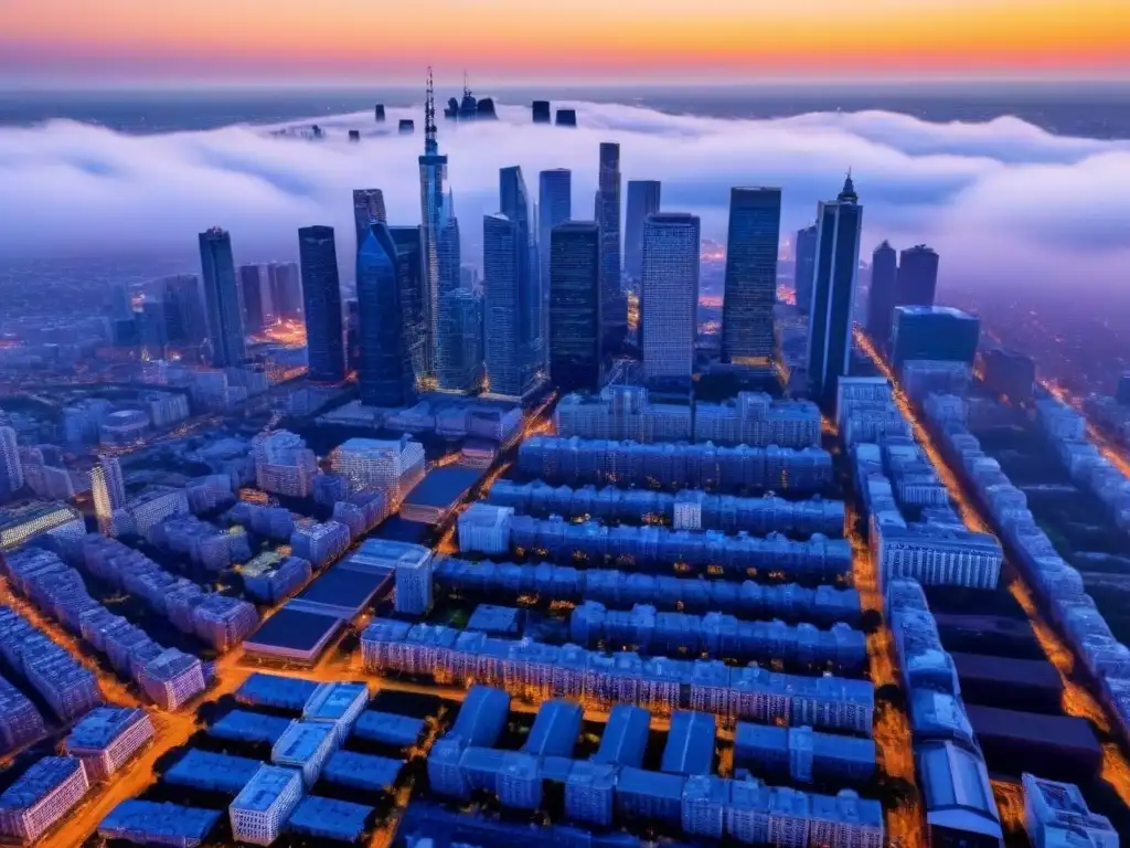 Horizonte urbano al atardecer: mezcla de arquitectura moderna e histórica Vibrante ciudad al atardecer, con rascacielos modernos y arquitectura histórica