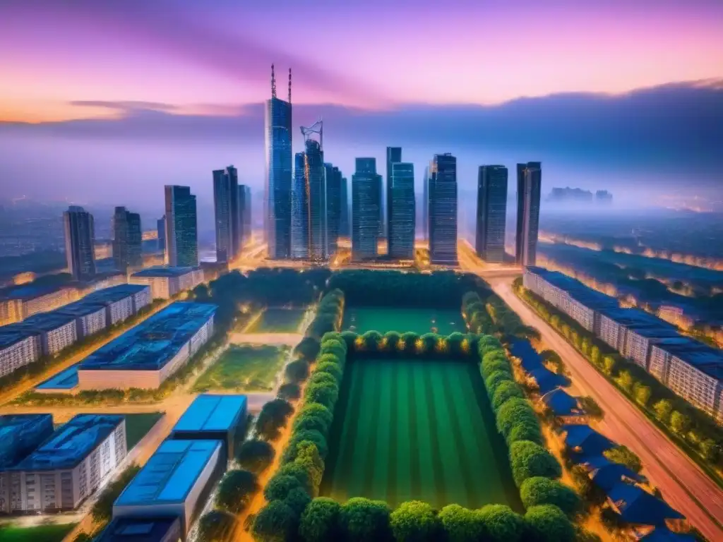 Metrópolis nocturna: luces y sofisticación urbana en una ciudad vibrante Vibrante ciudad al atardecer con rascacielos iluminados, parques verdes y bulliciosas calles