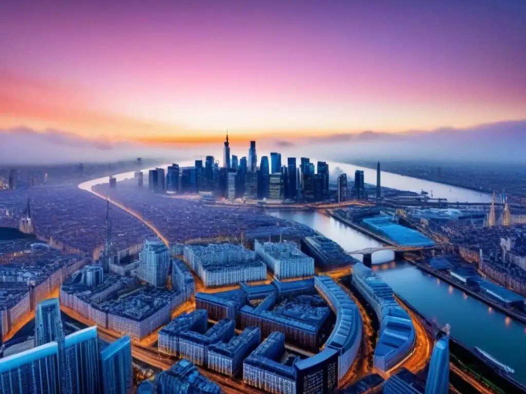 Horizonte urbano al atardecer: oportunidades inmobiliarias postBrexit Vibrante ciudad al atardecer postBrexit; rascacielos, luces y río