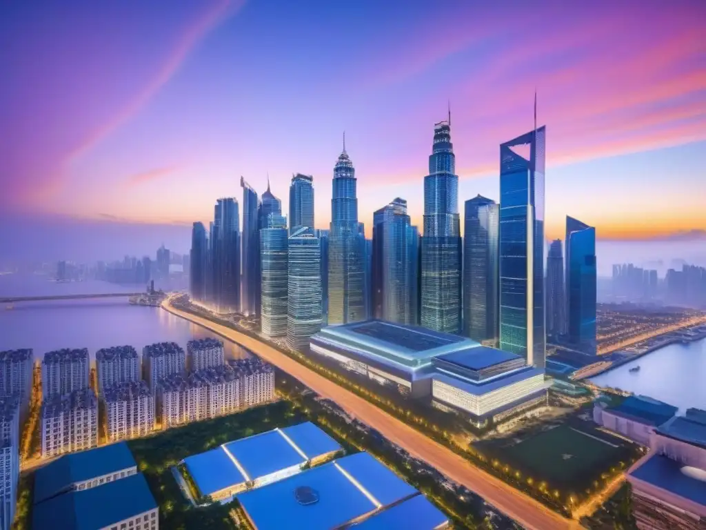 Nuevas oportunidades inmobiliarias: ciudad dinámica al anochecer Vibrante ciudad al atardecer con rascacielos iluminados y profesionales discutiendo, simbolizando oportunidades en mercados emergentes